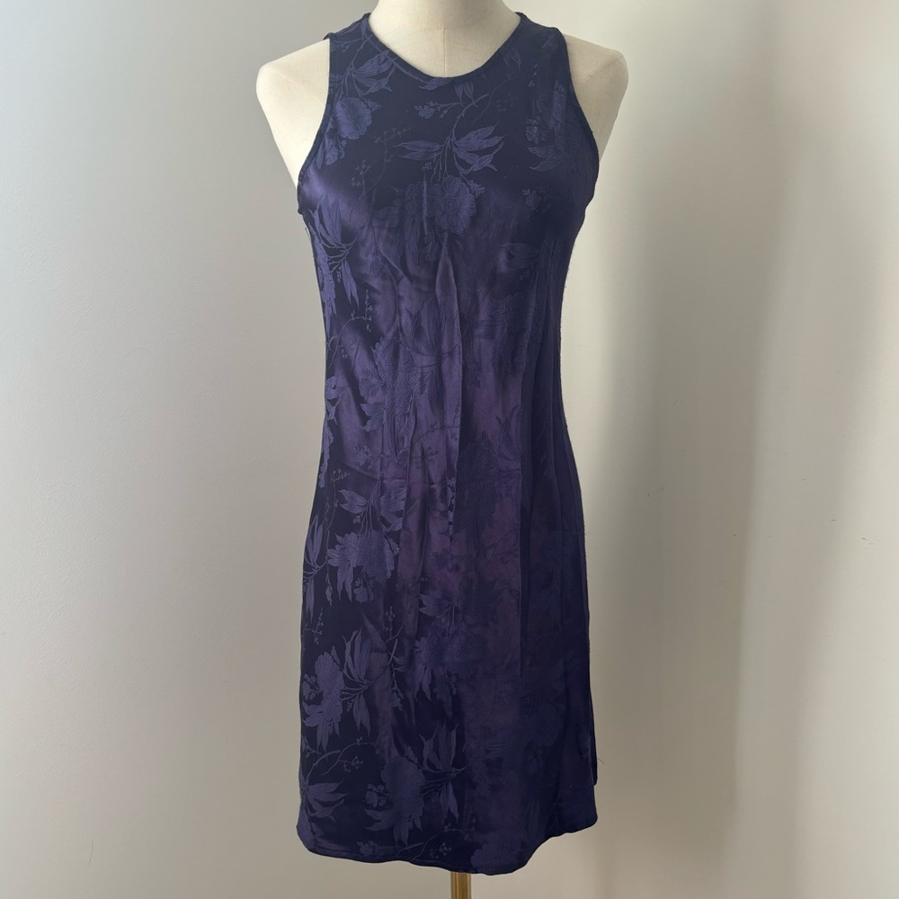 All That Jazz Vintage Sleeveless Purple Satin Floral Jacquard Mini Dress